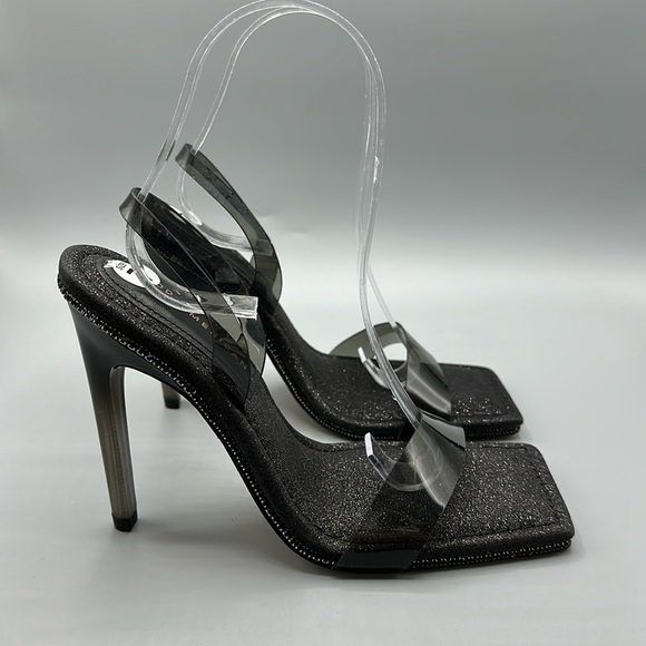 Good American Black Glitter Jeweled Strappy High Heels Square Toe Women's Size 7 - Picture 1 of 8